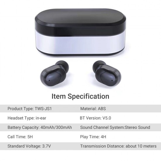 JS1 True Wireless Stereo Earbuds BT5.0 Earphone Wireless Headset Multifunctional Key Waterproof Portable Headphones with Large Capacity Black JS1 True Wireless Stereo Earbuds BT5.0 Earphone Wireless Headset Multifunctional Key Waterproof Portable Headphones with Large Capacity Black