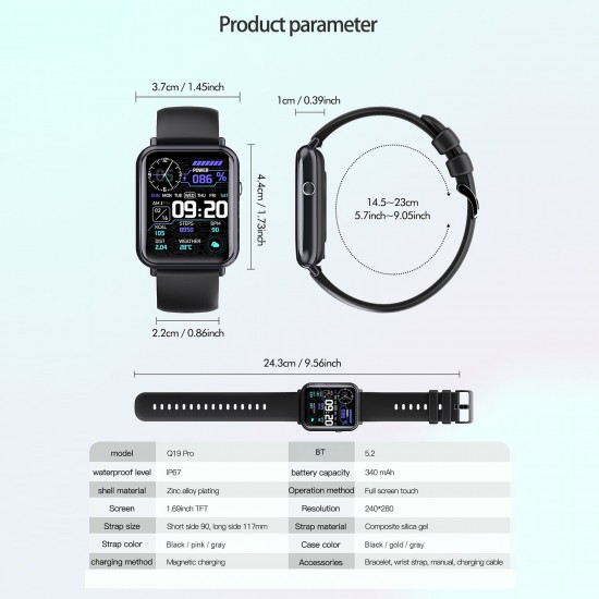 Q19 Pro Smart Sports Bracelet 1.69'' TFT Full-Touch Screen Innovative OS Sleep/Heart Rate/Blood Pressure/Pressure Monitor Family Care Shortcut Card 25 Sports Mode Compatible with iOS/Android Q19 Pro Smart Sports Bracelet 1.69'' TFT Full-Touch Screen Innovative OS Sleep/Heart Rate/Blood Pressure/Pressure Monitor Family Care Shortcut Card 25 Sports Mode Compatible with iOS/Android