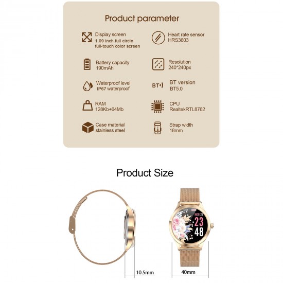 LW07 Female Smart Watch Sports Watch 1.09-Inch TFT Full-Touch Screen BT5.0 Fitness Tracker IP67 Waterproof Sleep/Heart Rate/Blood Pressure Monitor Multiple Sports Mode Notification/Call Reminder Compatible with Android iOS Gold LW07 Female Smart Watch Sports Watch 1.09-Inch TFT Full-Touch Screen BT5.0 Fitness Tracker IP67 Waterproof Sleep/Heart Rate/Blood Pressure Monitor Multiple Sports Mode Notification/Call Reminder Compatible with Android iOS Gold