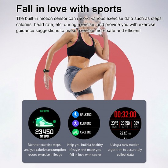 WB03 Smart Watch 1.3-Inch IPS Full-Touch Screen BT5.0 Fitness Tracker IP68 Waterproof Sleep/Heart Rate Monitor Multiple Sports Mode Notification/Call/Sedentary Reminder Remote Camera Compatible with Android iOS Black Black Silicone Strap