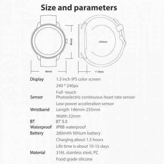 WB03 Smart Watch 1.3-Inch IPS Full-Touch Screen BT5.0 Fitness Tracker IP68 Waterproof Sleep/Heart Rate Monitor Multiple Sports Mode Notification/Call/Sedentary Reminder Remote Camera Compatible with Android iOS Black Black Silicone Strap