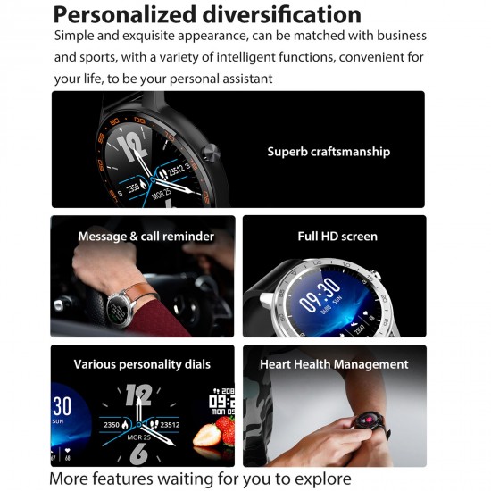 WB03 Smart Watch 1.3-Inch IPS Full-Touch Screen BT5.0 Fitness Tracker IP68 Waterproof Sleep/Heart Rate Monitor Multiple Sports Mode Notification/Call/Sedentary Reminder Remote Camera Compatible with Android iOS Black Black Silicone Strap