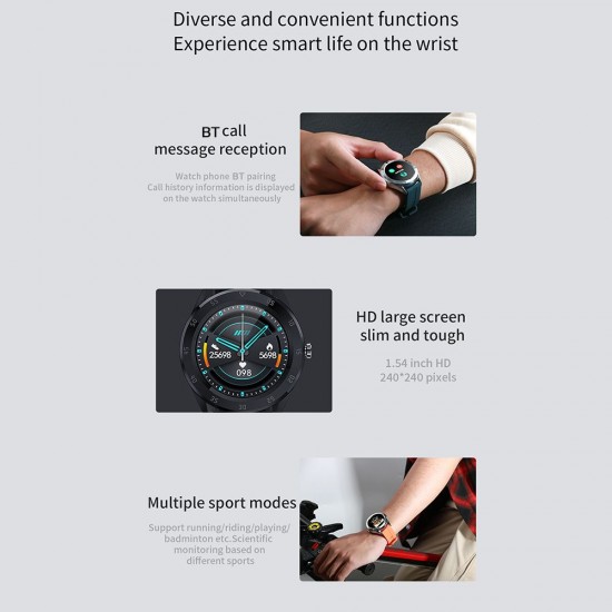 Multi-function Large Screen Waterproof Intelligent Watch BT Call Message Reminder Sport Record Health Monitor (Black)